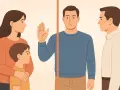 Rodzina z dzieckiem po lewej, mężczyzna z podniesioną dłonią pośrodku, mężczyzna po prawej. Ilustracja o tym, jak reagować na niewygodne pytania ciotek i rodziny przy stole.