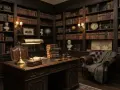 Mroczna biblioteka w stylu "dark academia" z mahoniowym biurkiem, skórzanym fotelem i regałami pełnymi książek. Idealna zastawa stołowa powinna być stonowana, z ciemnych materiałów, np. ceramiki lub metalu, nawiązując do klasyki i elegancji.