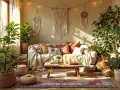 Boho salon z makramami, roślinami i mnóstwem poduszek. Jak uniknąć objawów przesytu dekoracjami, zachowując estetykę boho.