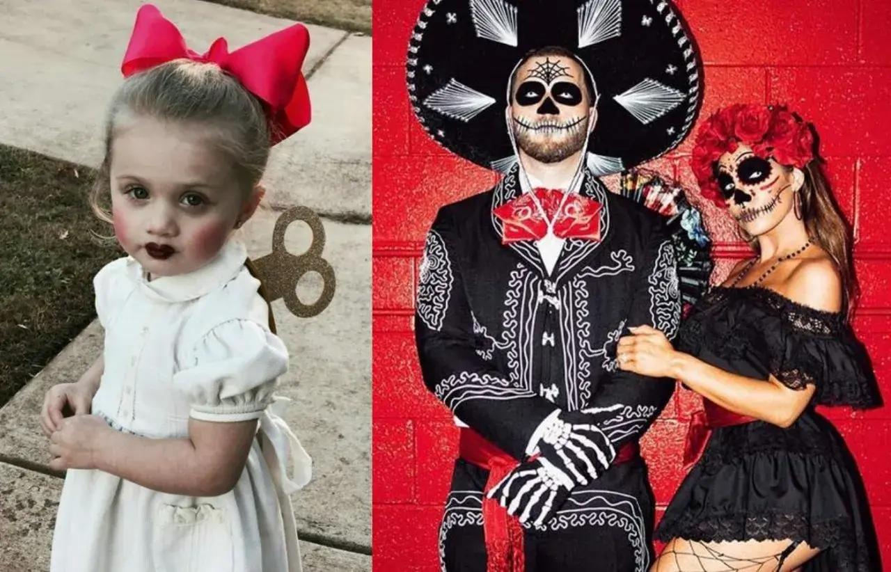 Dziecko w stroju lalki z kluczykiem z tyłu i para w strojach na Halloween w stylu Día de Muertos.