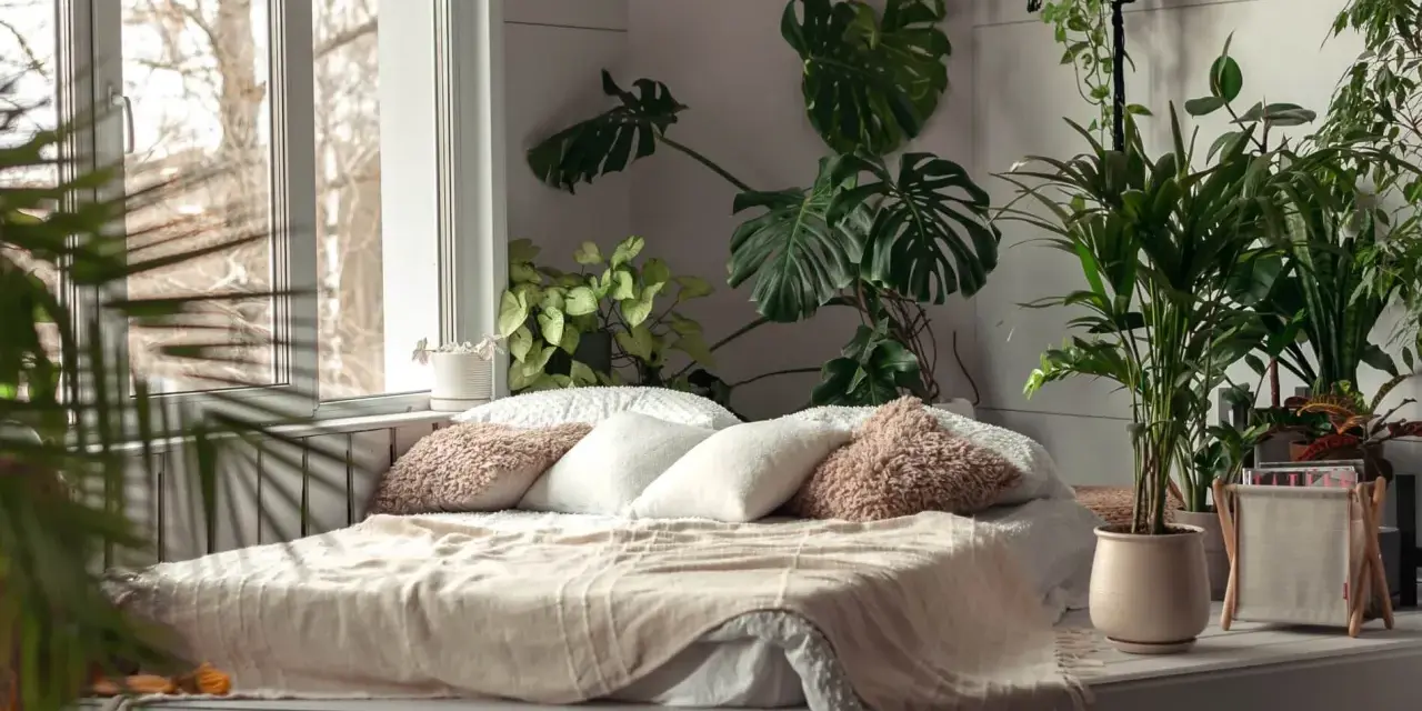 Sypialnia z bujną roślinnością, gdzie różnica między stylem tropikalnym a "urban jungle" w aranżacji wnętrz jest subtelna. Duże liście monstery i palmy tworzą zieloną oazę.