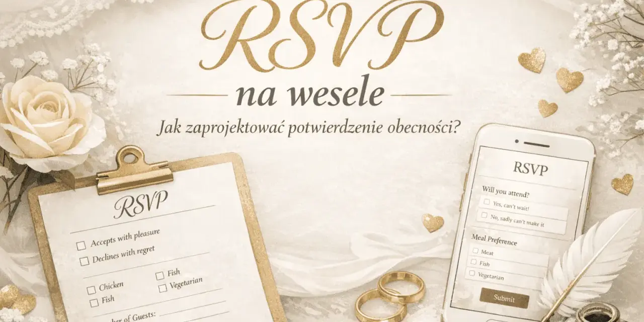 Czy warto inwestować w stronę internetową wesela RSVP i mapki online? Elegancka grafika z różą, obrączkami i formularzem RSVP na telefonie i kartce.