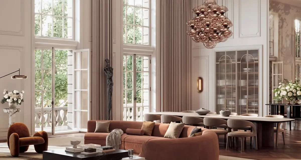 Eleganckie wnętrze z sofą w stylu "quiet luxury", odzwierciedlające najważniejsze trendy w estetyce na wesela i gale 2026.