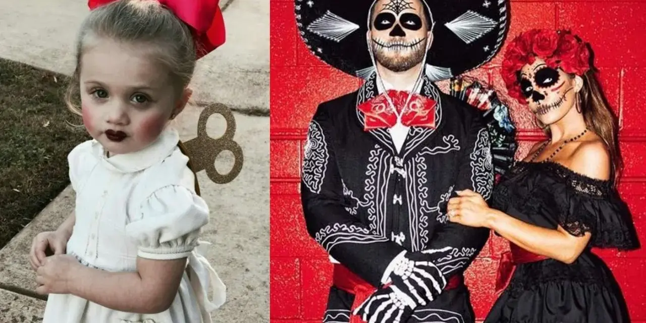 Dziecko w stroju lalki z kluczykiem z tyłu i para w strojach na Halloween w stylu Día de Muertos.