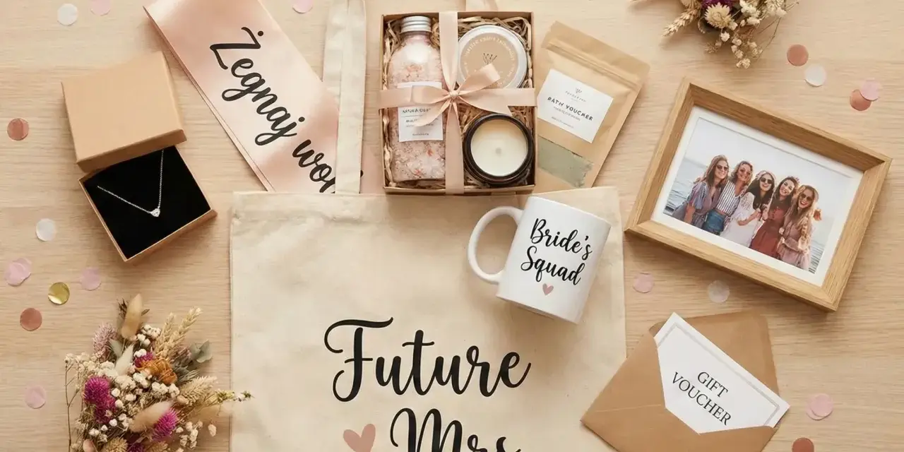 Inspiracje jak przygotować boxy prezentowe dla świadków i rodziców: torba z napisem "Future Mrs.", naszyjnik, kosmetyki, świeca, zdjęcie, voucher.