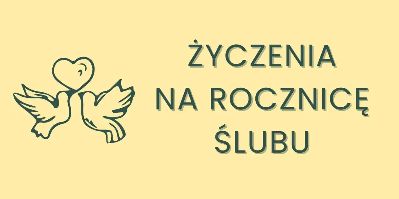 Dwa gołąbki z sercem nad głowami symbolizują miłość. Napis "Życzenia na rocznicę ślubu" zaprasza do składania gratulacji.