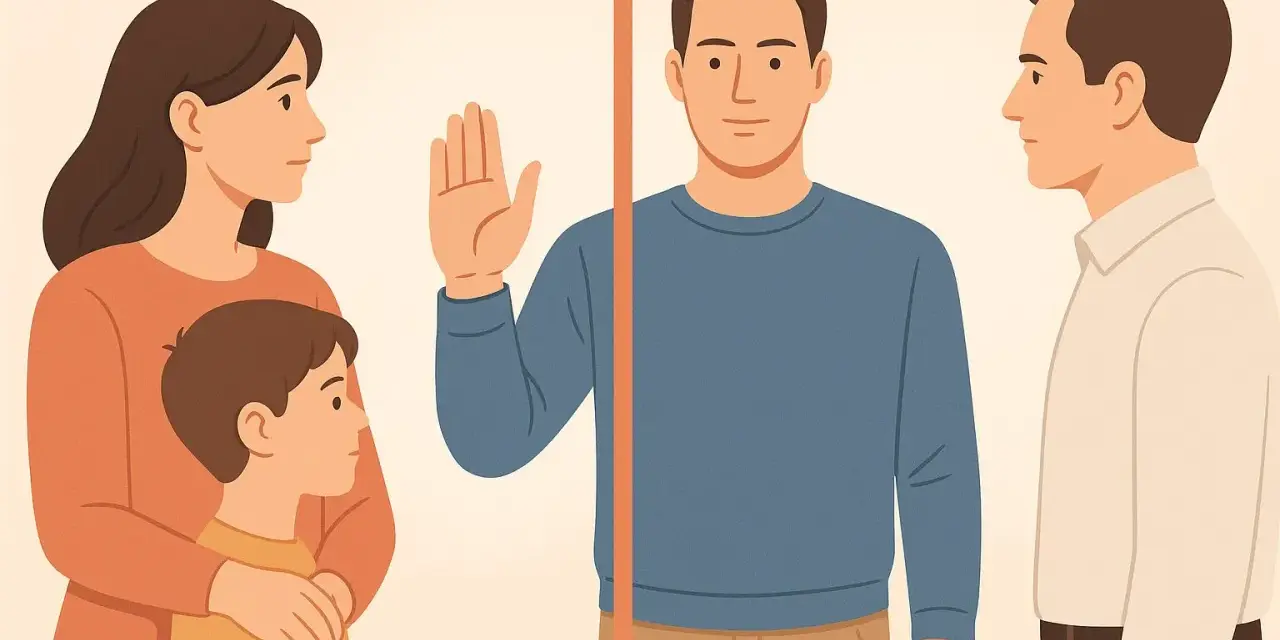 Rodzina z dzieckiem po lewej, mężczyzna z podniesioną dłonią pośrodku, mężczyzna po prawej. Ilustracja o tym, jak reagować na niewygodne pytania ciotek i rodziny przy stole.