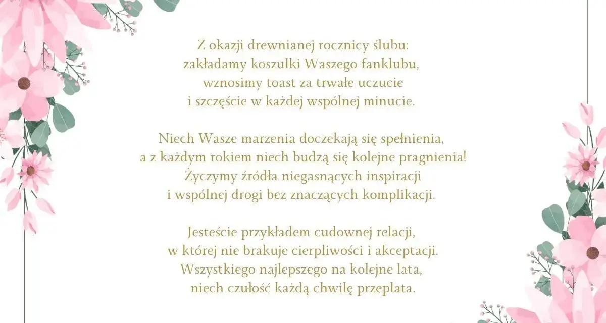 Oryginalne życzenia na rocznicę ślubu z kwiatową ramką. Życzenia o spełnieniu marzeń, inspiracji i wspólnej drogi.