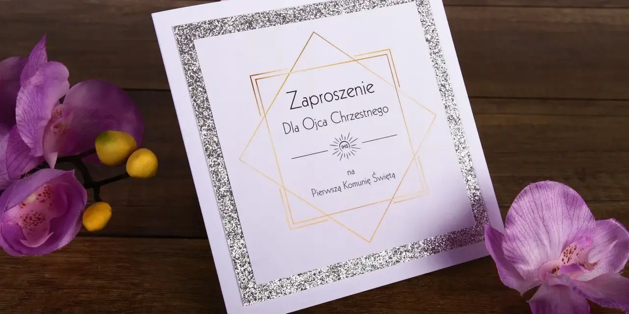 Eleganckie zaproszenie na Komunię Świętą dla Ojca Chrzestnego. Brokatowa ramka i złote linie tworzą wyjątkową oprawę.