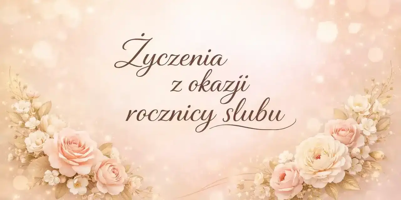 Delikatne, pastelowe róże i napisy "Życzenia z okazji rocznicy ślubu" tworzą romantyczną kartkę.