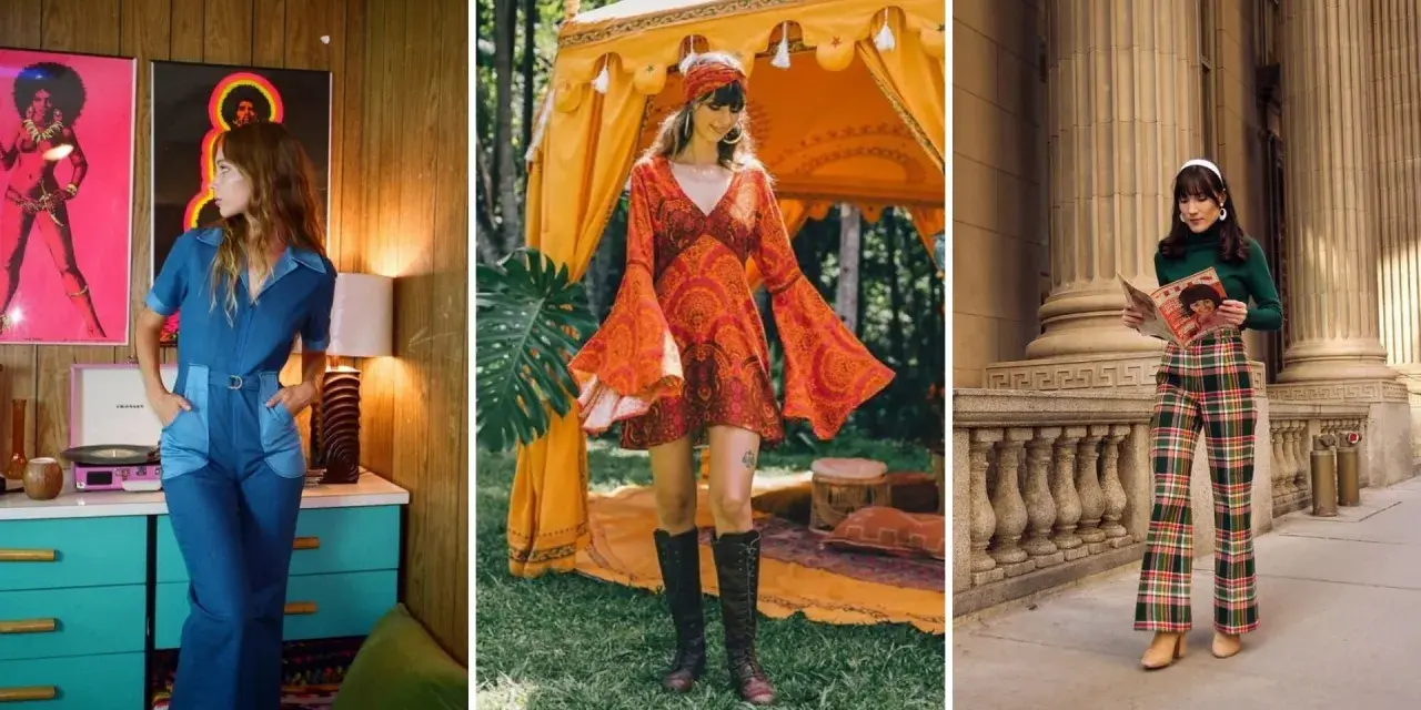 Kobiety w stylizacjach inspirowanych modą damską lat 70.: dżinsowy kombinezon, sukienka w stylu boho i kraciaste dzwony.