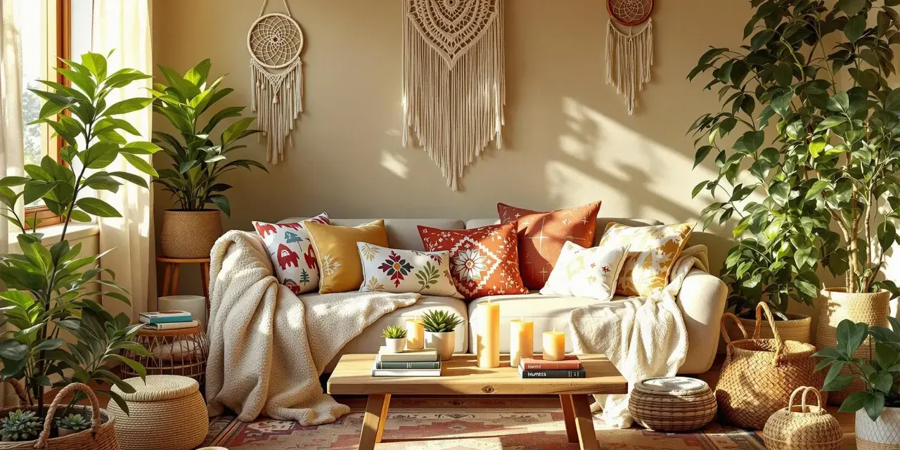 Boho salon z makramami, roślinami i mnóstwem poduszek. Jak uniknąć objawów przesytu dekoracjami, zachowując estetykę boho.