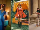 Kobiety w stylizacjach inspirowanych modą damską lat 70.: dżinsowy kombinezon, sukienka w stylu boho i kraciaste dzwony.