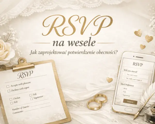 Czy warto inwestować w stronę internetową wesela RSVP i mapki online? Elegancka grafika z różą, obrączkami i formularzem RSVP na telefonie i kartce.