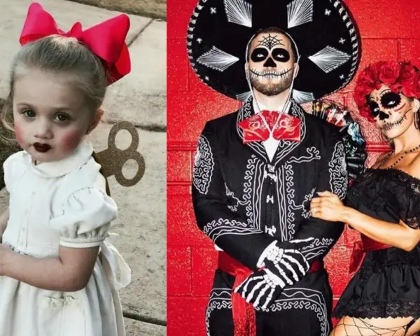 Dziecko w stroju lalki z kluczykiem z tyłu i para w strojach na Halloween w stylu Día de Muertos.