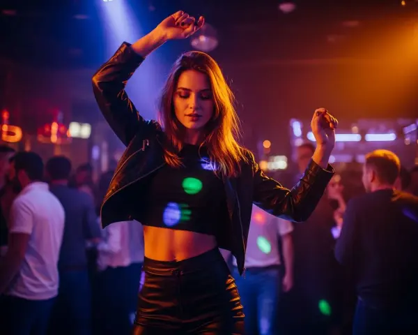 Kobieta tańczy na imprezie, a światła tworzą atmosferę. Dobór muzyki do konkretnych etapów stylowego przyjęcia jest kluczowy.