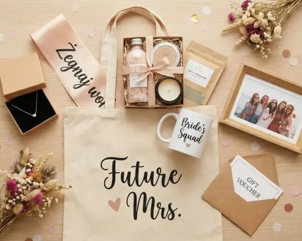 Inspiracje jak przygotować boxy prezentowe dla świadków i rodziców: torba z napisem "Future Mrs.", naszyjnik, kosmetyki, świeca, zdjęcie, voucher.