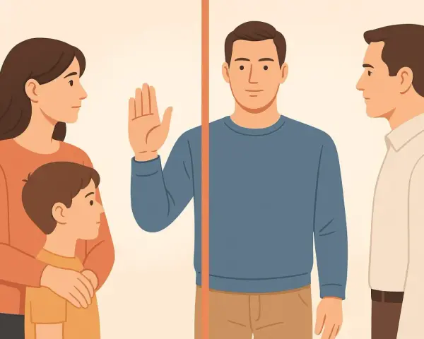 Rodzina z dzieckiem po lewej, mężczyzna z podniesioną dłonią pośrodku, mężczyzna po prawej. Ilustracja o tym, jak reagować na niewygodne pytania ciotek i rodziny przy stole.