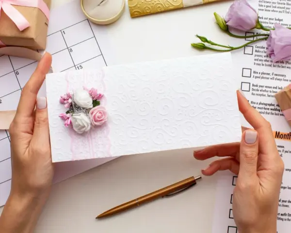 Ręce trzymają białą kartkę z ozdobnymi kwiatami, idealną do napisania zaproszenia dla matki chrzestnej na ślub. Obok kalendarz i materiały ślubne.