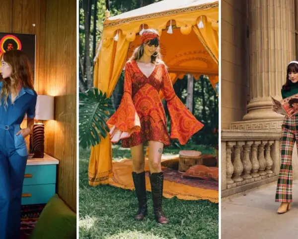 Kobiety w stylizacjach inspirowanych modą damską lat 70.: dżinsowy kombinezon, sukienka w stylu boho i kraciaste dzwony.