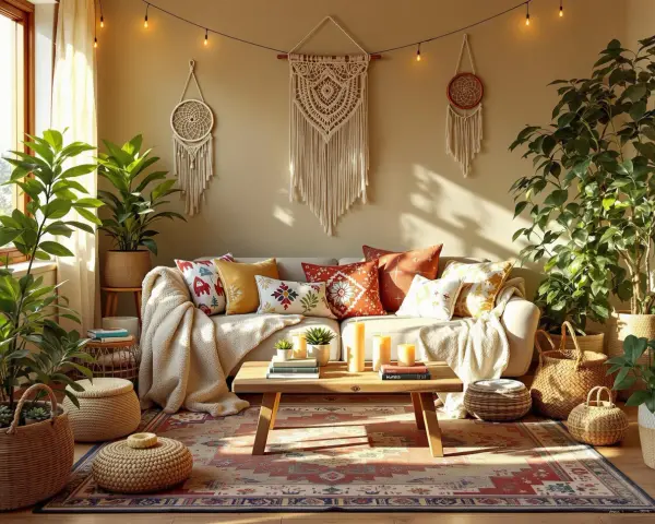 Boho salon z makramami, roślinami i mnóstwem poduszek. Jak uniknąć objawów przesytu dekoracjami, zachowując estetykę boho.