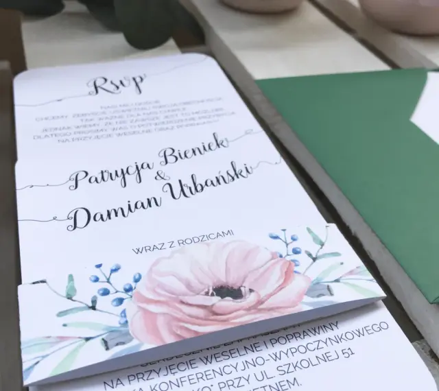 Zaproszenie ślubne Patrycji i Damiana z prośbą o potwierdzenie obecności, z miejscem na dopisanie osoby towarzyszącej.