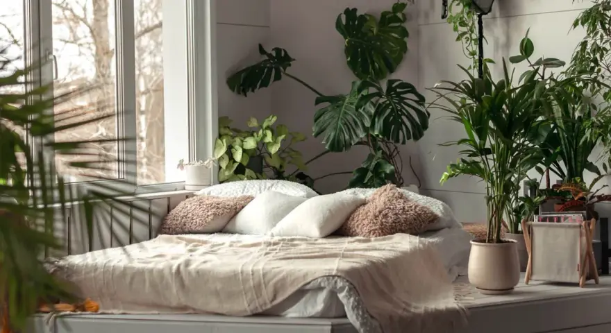 Sypialnia z bujną roślinnością, gdzie różnica między stylem tropikalnym a "urban jungle" w aranżacji wnętrz jest subtelna. Duże liście monstery i palmy tworzą zieloną oazę.