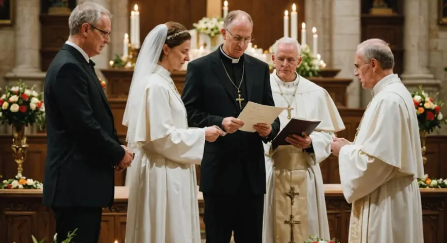Ślub kościelny: para młoda, ksiądz i ministranci w kościele.