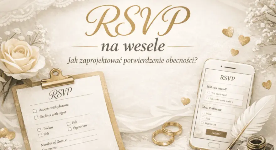 Czy warto inwestować w stronę internetową wesela RSVP i mapki online? Elegancka grafika z różą, obrączkami i formularzem RSVP na telefonie i kartce.