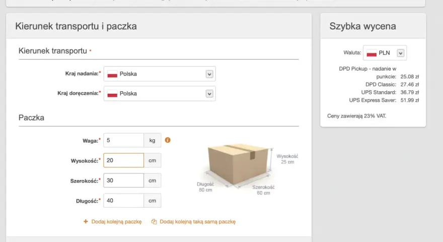 Nietypowy kształt paczki może wpłynąć na koszty wysyłki. Formularz pozwala na wpisanie wymiarów: 5kg, 20x30x40cm.