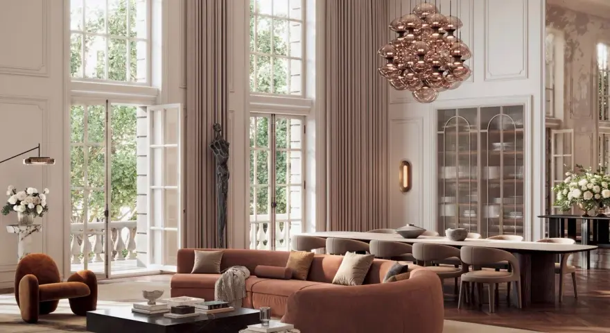 Eleganckie wnętrze z sofą w stylu "quiet luxury", odzwierciedlające najważniejsze trendy w estetyce na wesela i gale 2026.