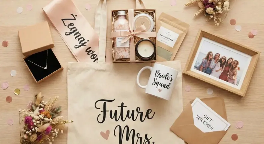 Inspiracje jak przygotować boxy prezentowe dla świadków i rodziców: torba z napisem "Future Mrs.", naszyjnik, kosmetyki, świeca, zdjęcie, voucher.