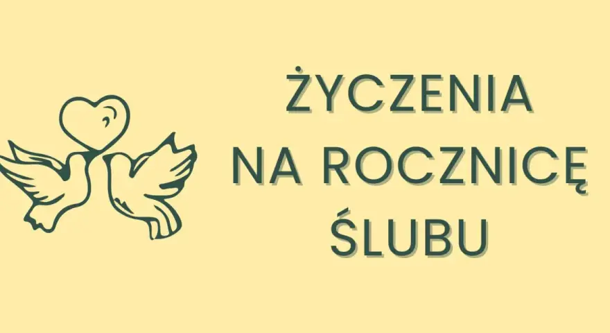 Dwa gołąbki z sercem nad głowami symbolizują miłość. Napis "Życzenia na rocznicę ślubu" zaprasza do składania gratulacji.