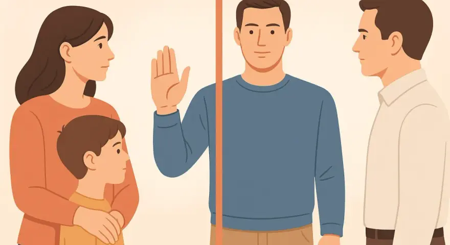 Rodzina z dzieckiem po lewej, mężczyzna z podniesioną dłonią pośrodku, mężczyzna po prawej. Ilustracja o tym, jak reagować na niewygodne pytania ciotek i rodziny przy stole.