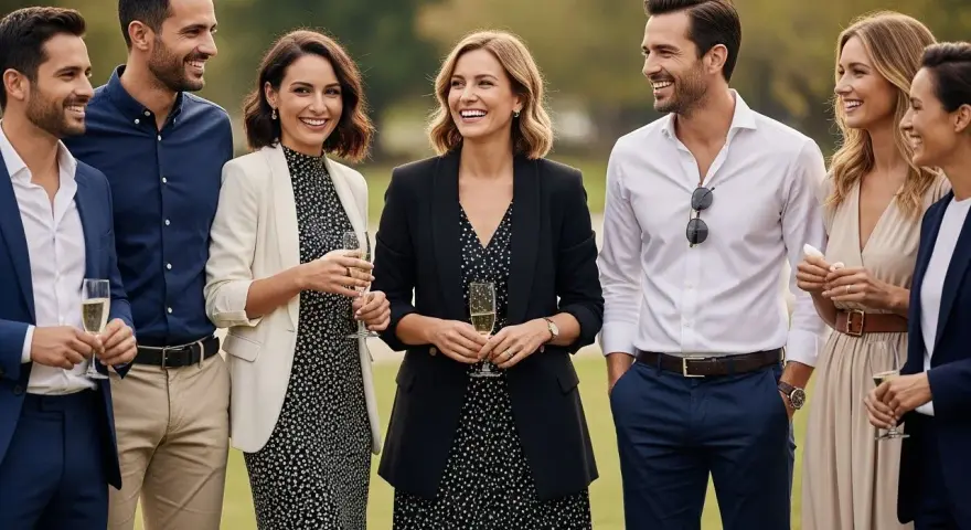 Elegancko ubrani ludzie z kieliszkami szampana. Jak sprawdzić dress code imprezy? Obserwuj styl gości, by dopasować swój strój.