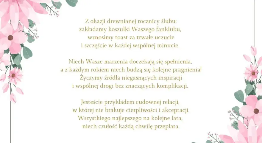 Oryginalne życzenia na rocznicę ślubu z kwiatową ramką. Życzenia o spełnieniu marzeń, inspiracji i wspólnej drogi.