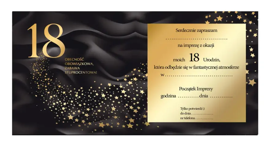 Eleganckie zaproszenie na 18 urodziny. Złota liczba 18 i gwiazdki na czarnym tle. Tekst: "Serdecznie zapraszam na imprezę z okazji moich 18 Urodzin...".