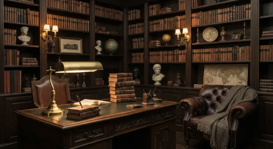 Mroczna biblioteka w stylu "dark academia" z mahoniowym biurkiem, skórzanym fotelem i regałami pełnymi książek. Idealna zastawa stołowa powinna być stonowana, z ciemnych materiałów, np. ceramiki lub metalu, nawiązując do klasyki i elegancji.