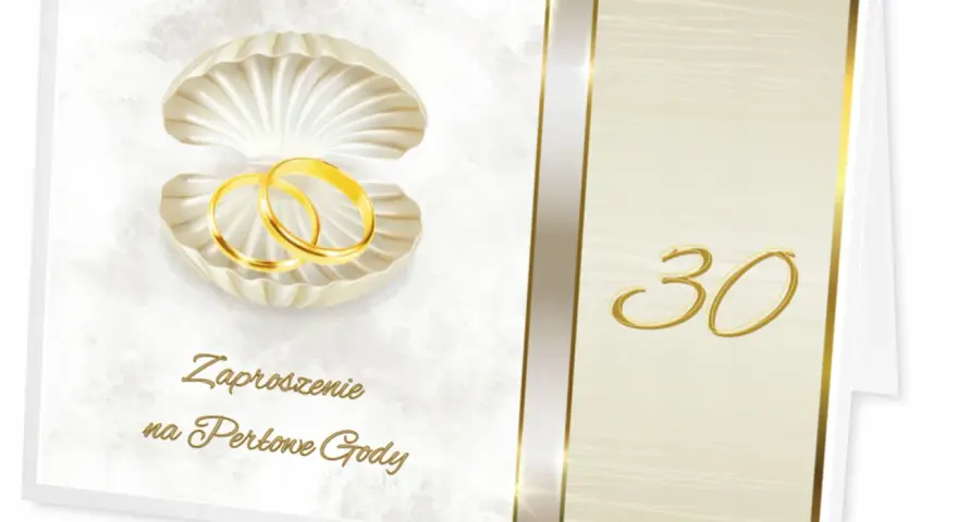 Złote obrączki w muszli, zaproszenie na Perłowe Gody, cyfra 30.