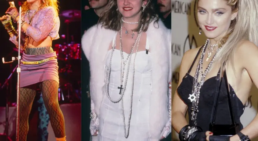 Ikony lat 80. w stylizacjach: Madonna na scenie i na czerwonym dywanie. Krótkie spódniczki, koronkowe bluzki, futra i mnóstwo biżuterii.