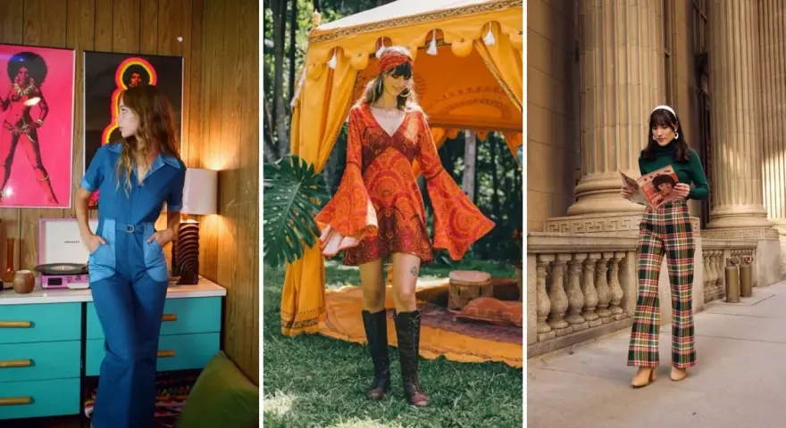 Kobiety w stylizacjach inspirowanych modą damską lat 70.: dżinsowy kombinezon, sukienka w stylu boho i kraciaste dzwony.