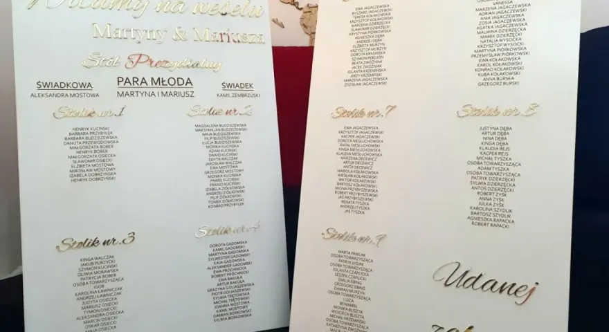 Jak przygotować stylowy plan stołów na lustrze lub szkle akrylowym: złote napisy z listą gości na eleganckim planie weselnym.