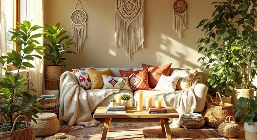 Boho salon z makramami, roślinami i mnóstwem poduszek. Jak uniknąć objawów przesytu dekoracjami, zachowując estetykę boho.