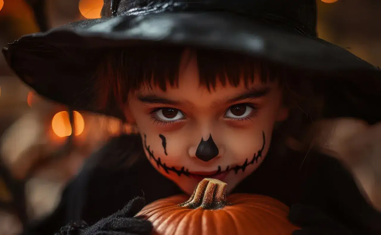 Dziecko w stroju na Halloween z namalowaną buźką dyni trzyma małą dynię.