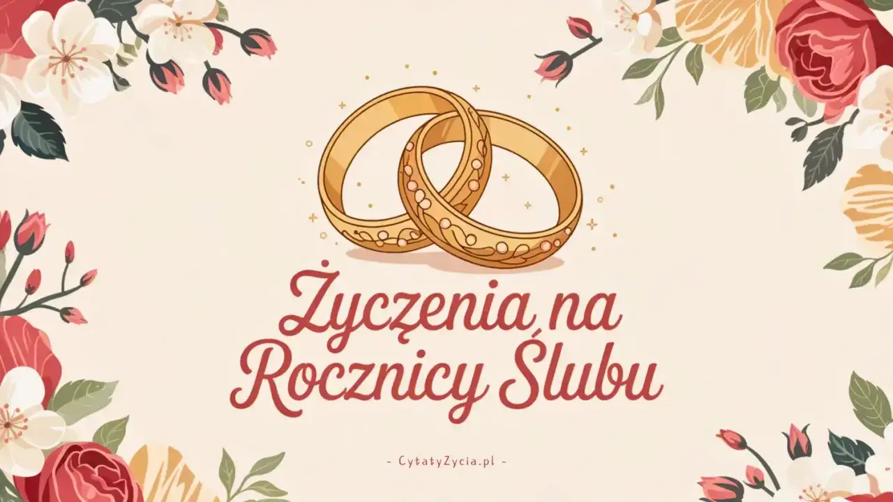 Złote obrączki i kwiaty symbolizują miłość. Znajdź tu krótkie życzenia na rocznicę ślubu, by wyrazić uczucia.
