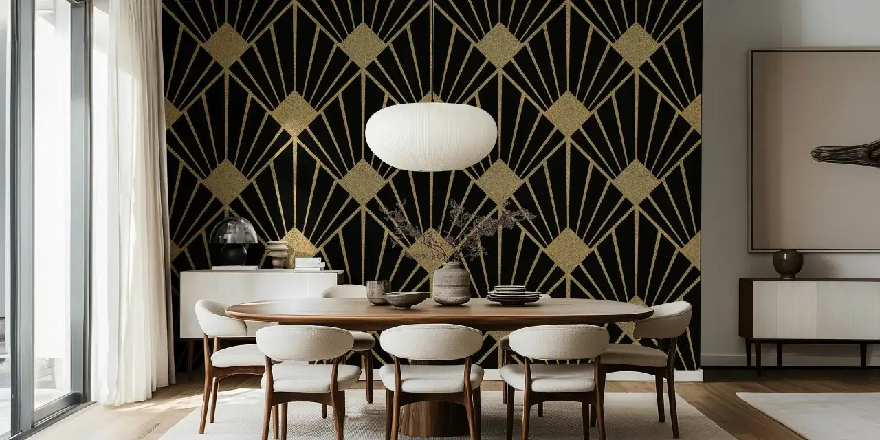 Elegancka jadalnia z tapetą w stylu art deco, podkreślająca przyczyny powrotu do tej stylistyki w nowoczesnych wnętrzach bankietowych.
