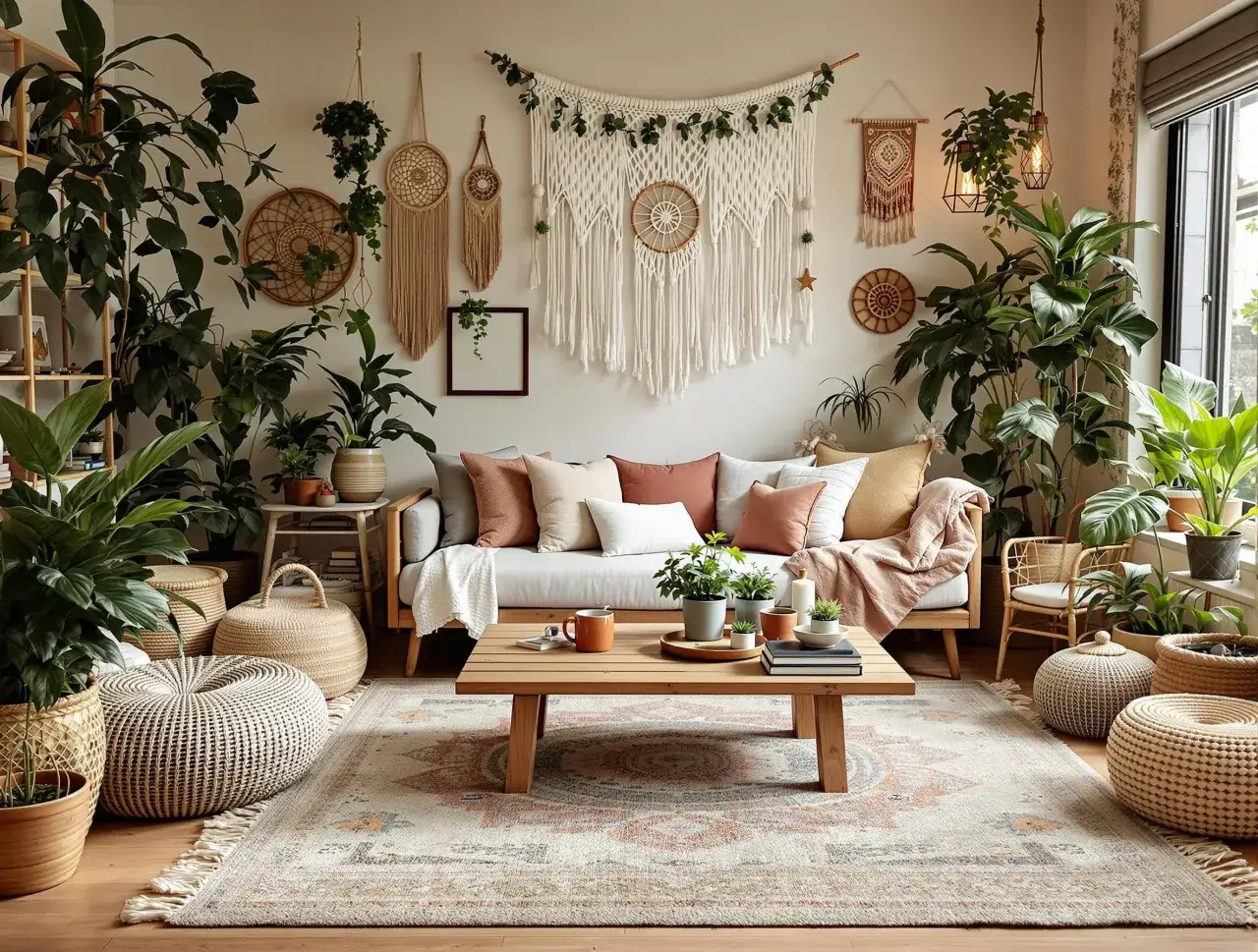 Boho salon pełen roślin i makram. Jak uniknąć przesytu dekoracjami, zachowując estetykę?