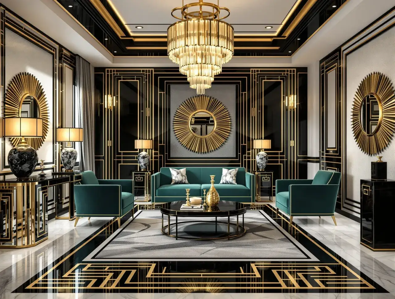 Nowoczesne wnętrza bankietowe czerpią z art deco: symetria, złoto i geometryczne wzory tworzą luksusową atmosferę.