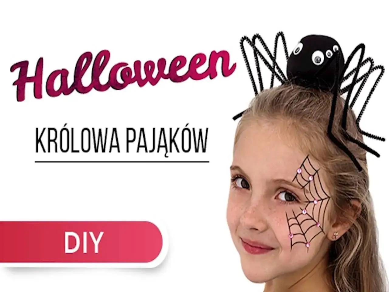 Dziecko w stroju Królowej Pająków na Halloween. Pająk na głowie i pajęczyna na policzku.