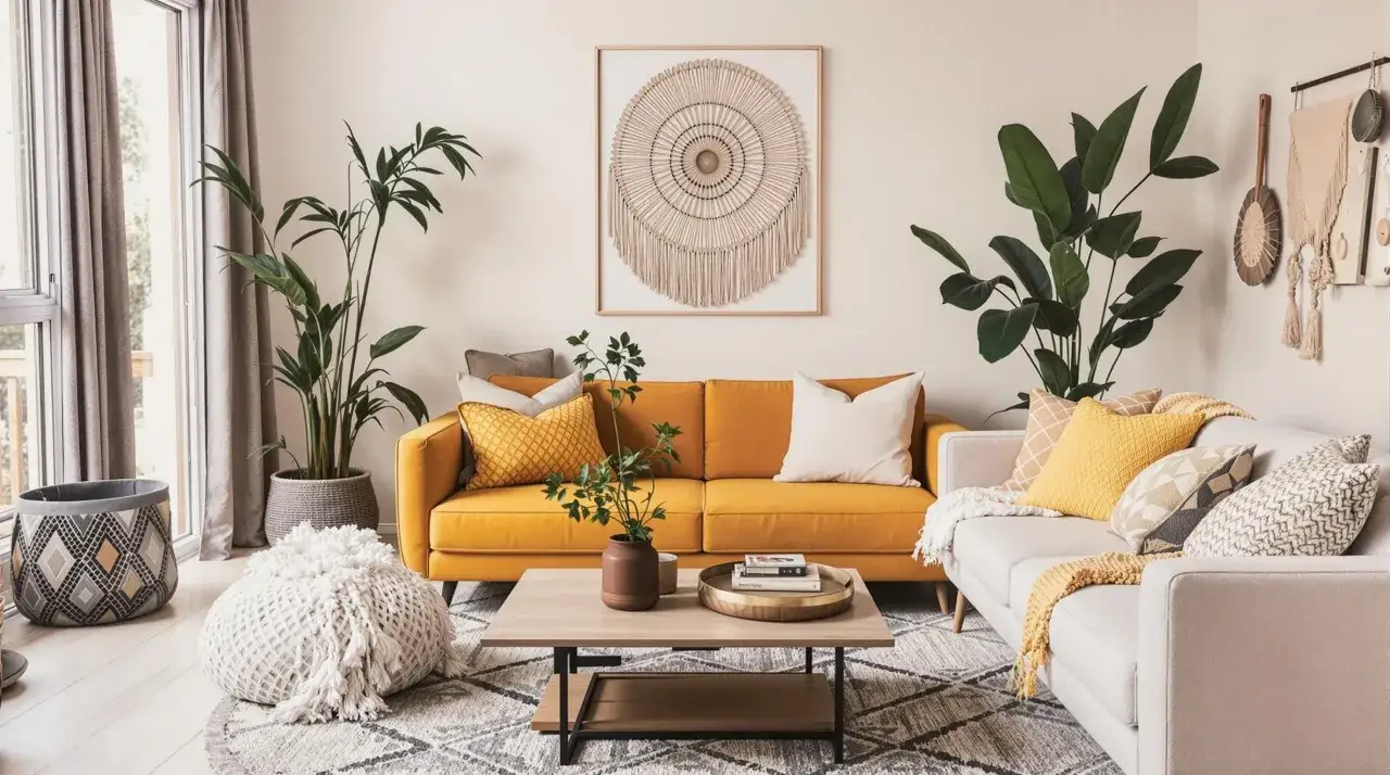 Boho salon z żółtą kanapą i mnóstwem dekoracji. Jak uniknąć objawów przesytu dekoracjami, zachowując estetykę boho?